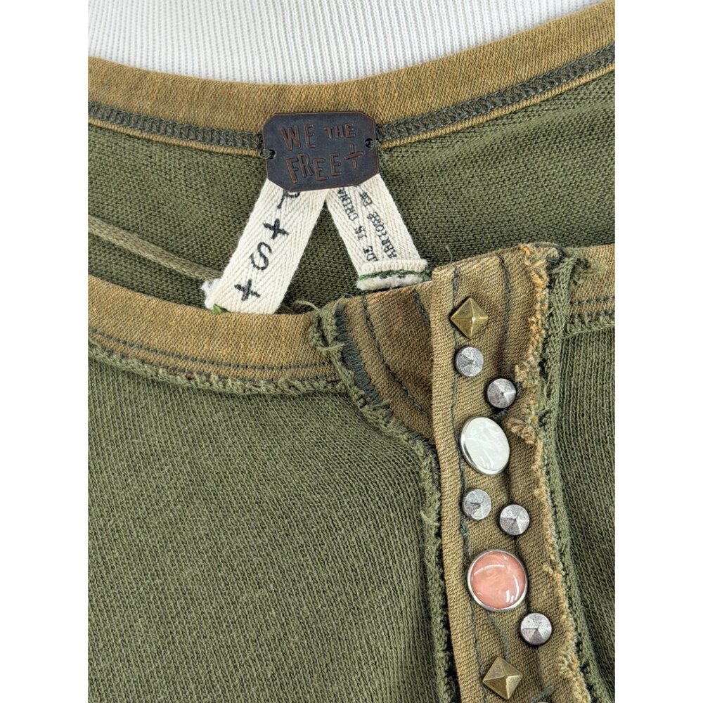 Free People Olive Green Long Sleeve Relaxed Henley Top | Boho Cottagecore Indie - Picture 14 of 16